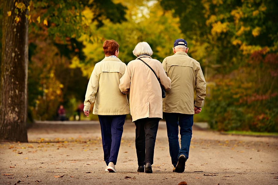 Three people walking on a path in the park