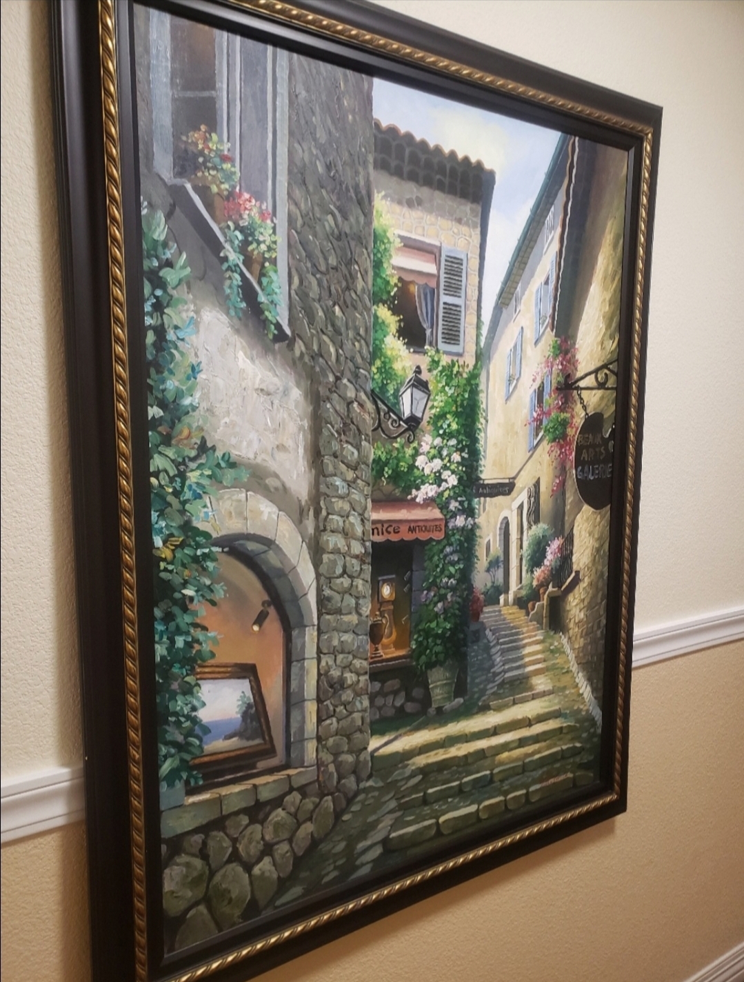 A painting of a house with stairs going up the side.