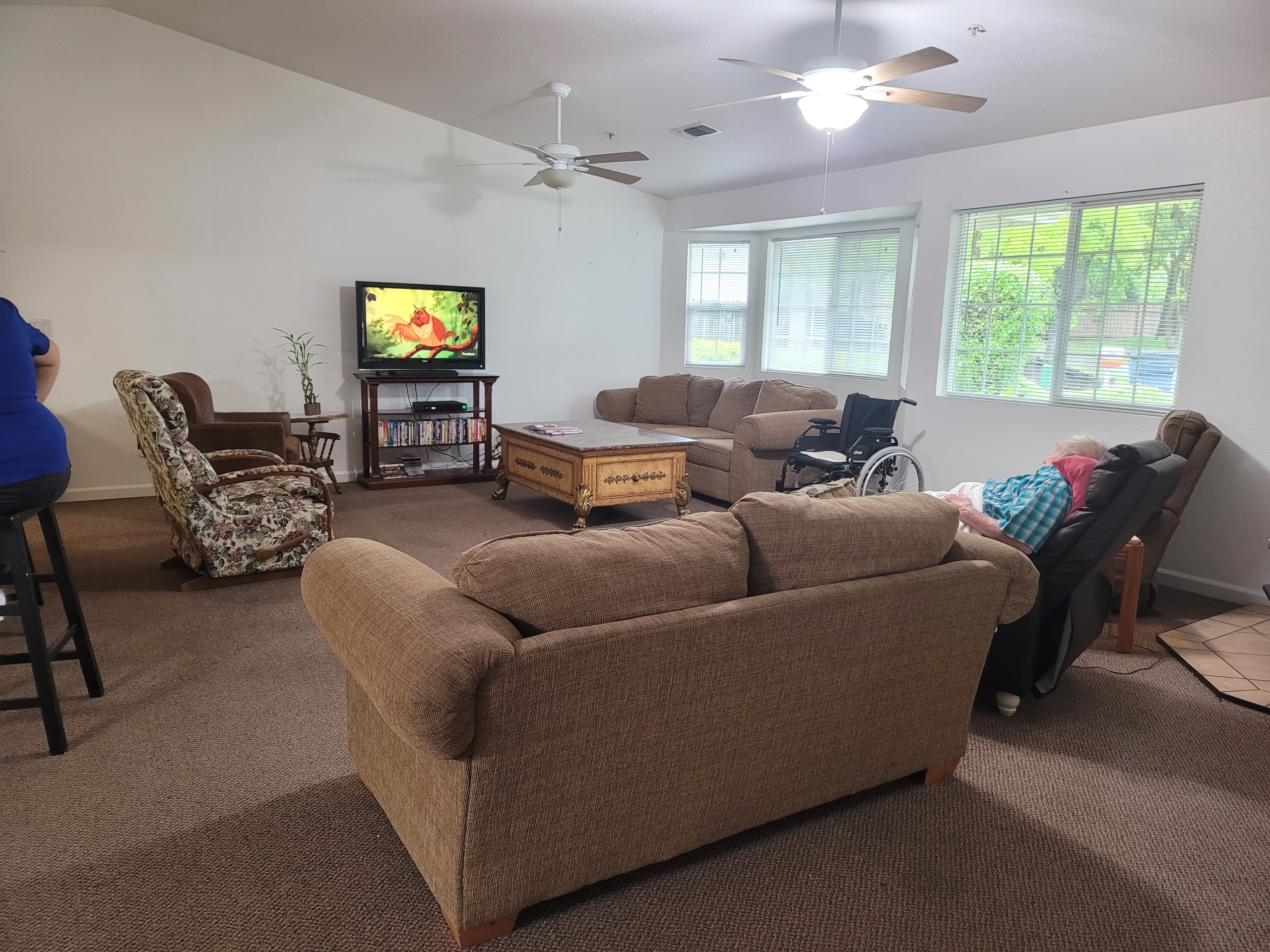 A living room with couches and chairs, television.