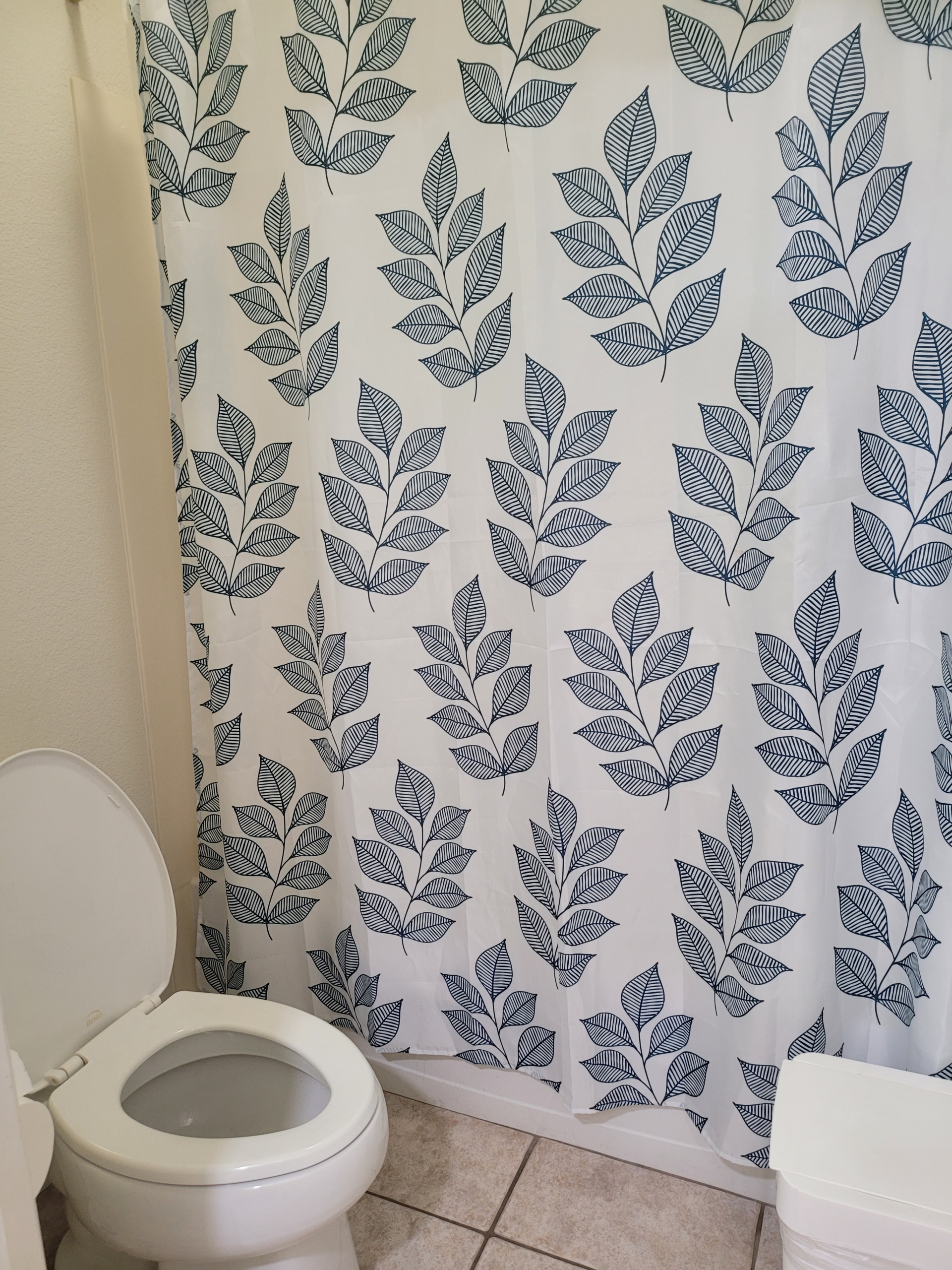 A bathroom with a toilet and shower curtain.