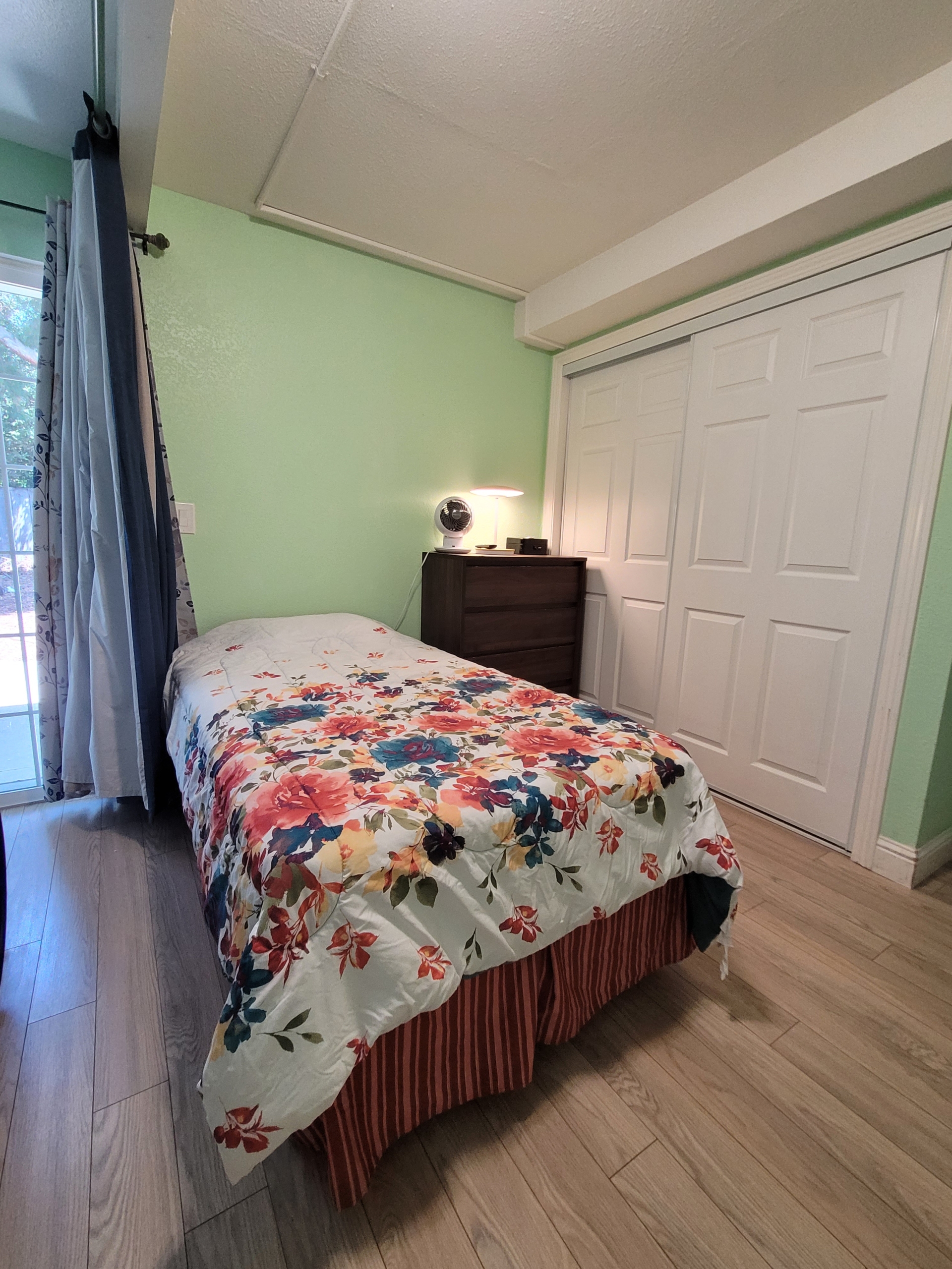 A bedroom with a bed and closet in it