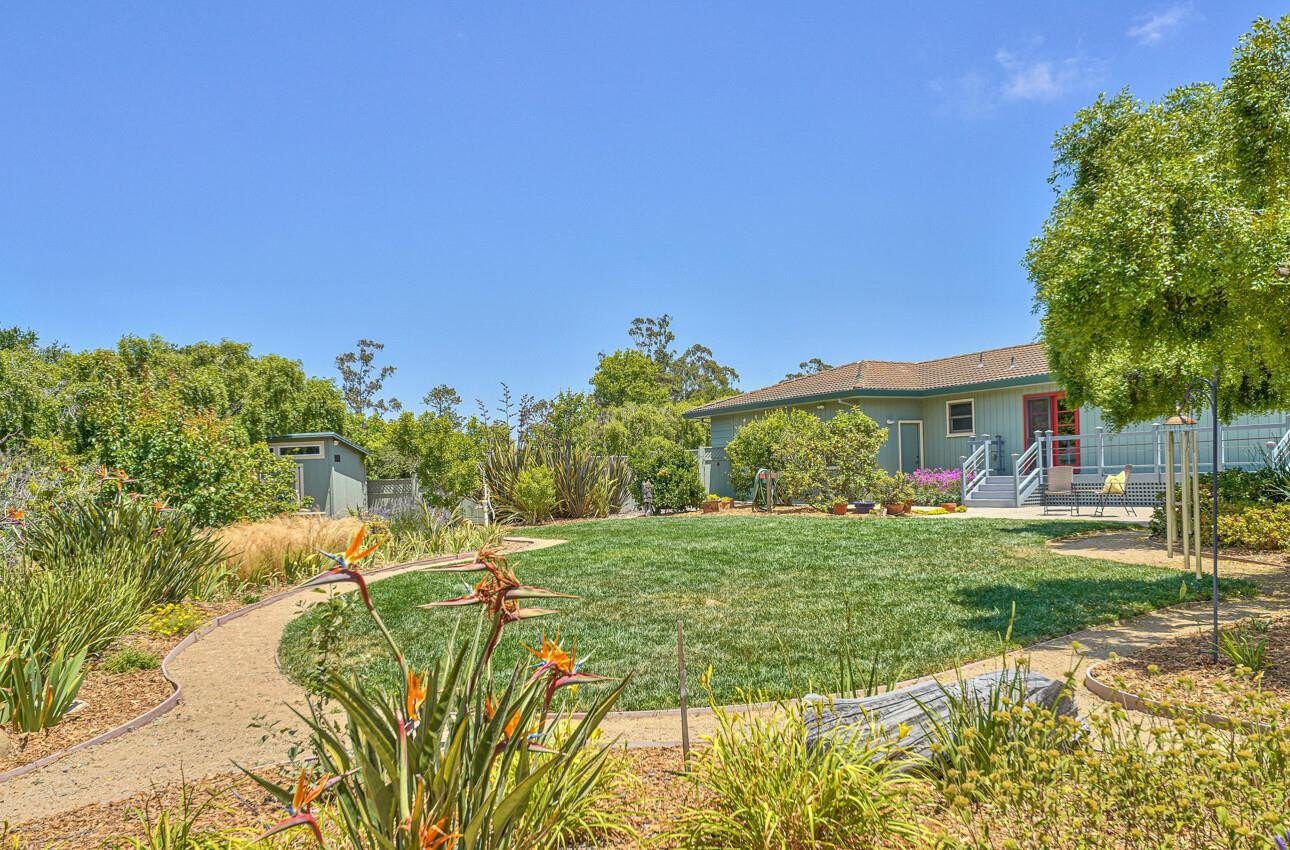 A yard with grass and flowers in the foreground.