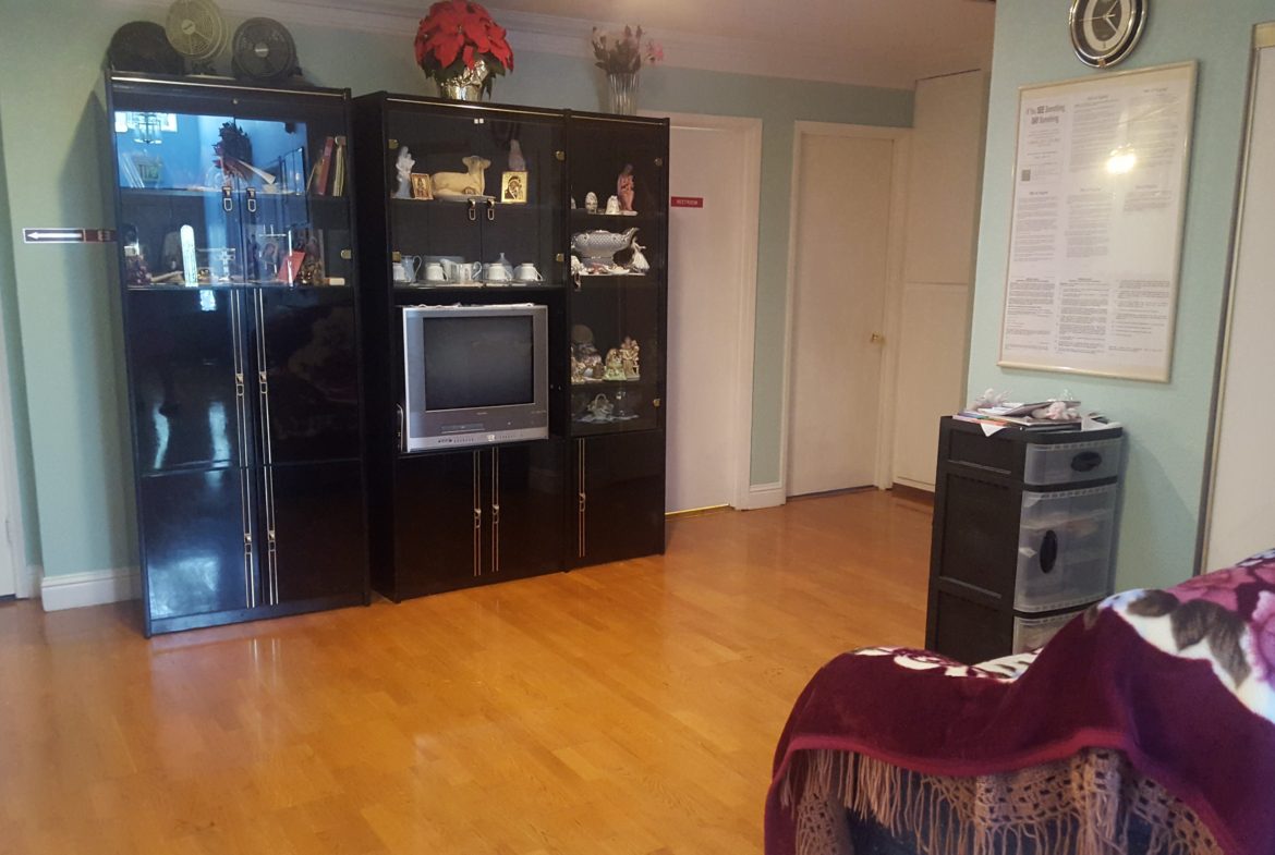 Living room with TV and decorative shelves.