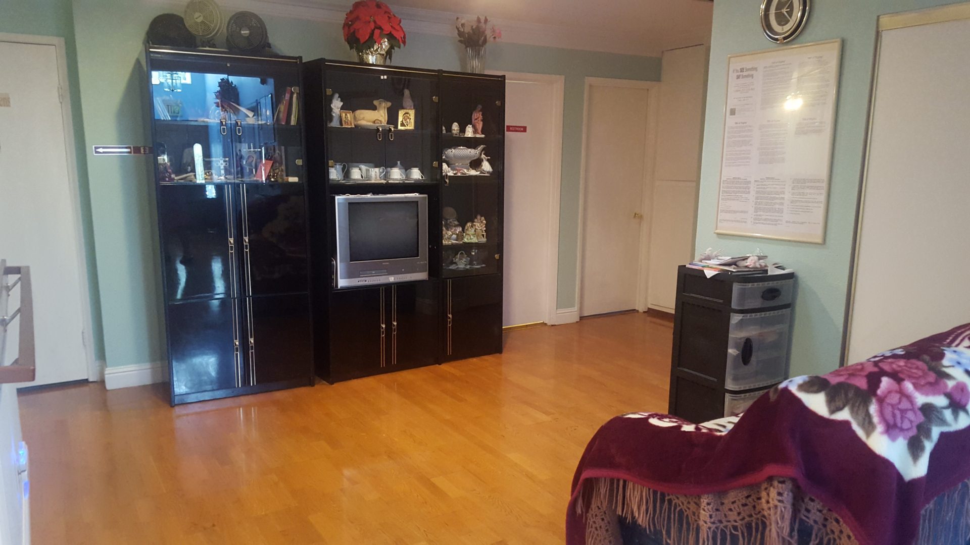 Living room with TV and decorative shelves.