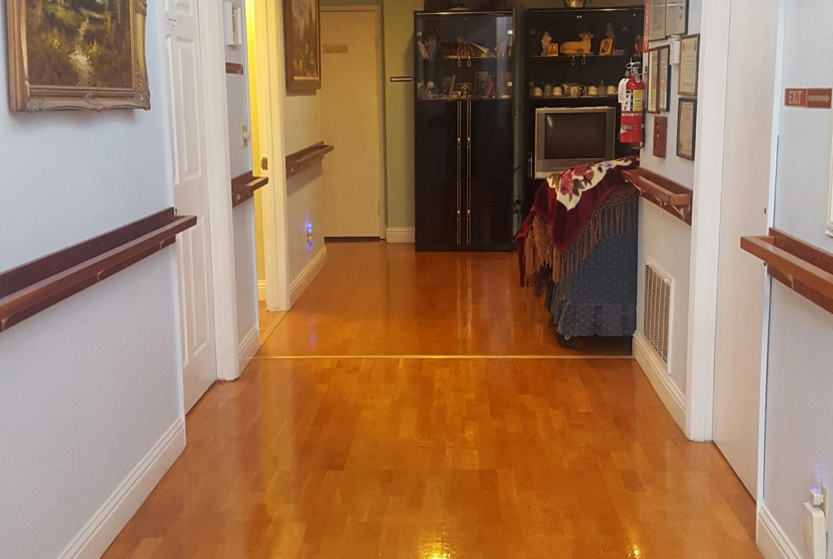 Bright hallway with wooden floor and decorations.