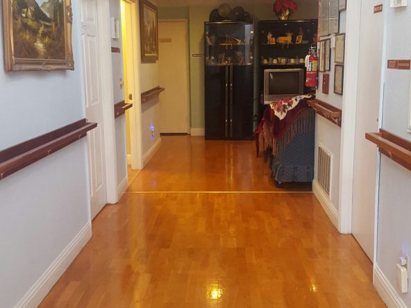 Bright hallway with wooden floor and decorations.