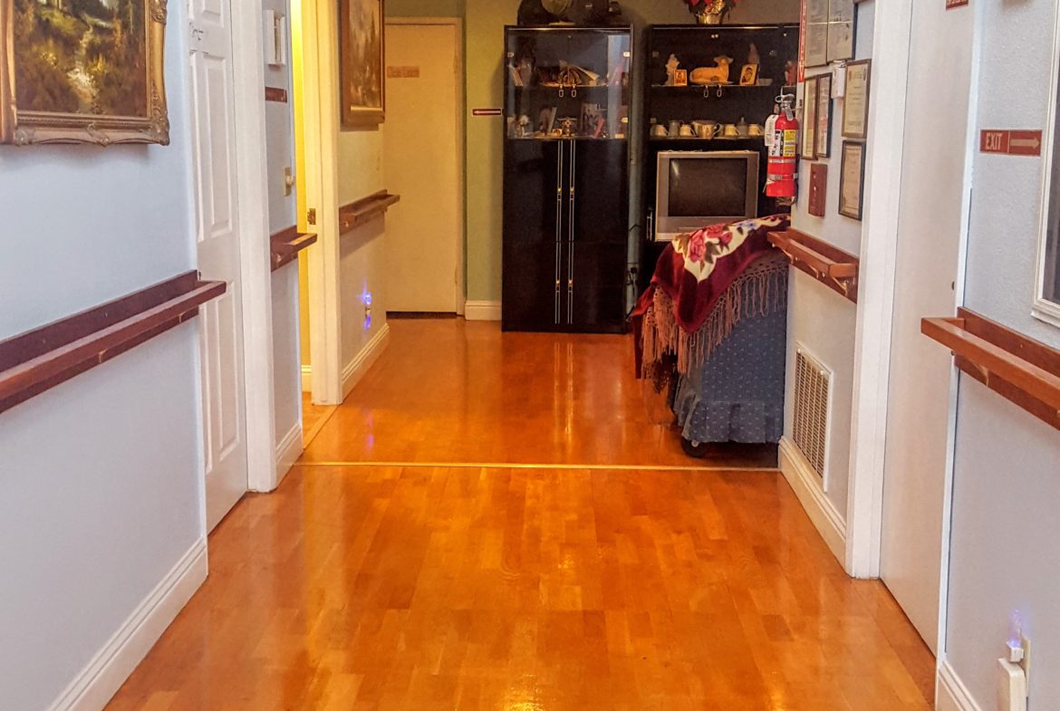 Bright hallway with wooden floor and decorations.