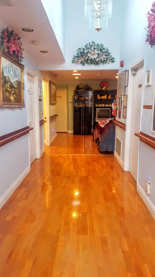 Bright hallway with wooden floor and decorations.