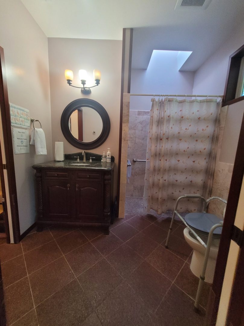 Bathroom with vanity, shower, and toilet seat.