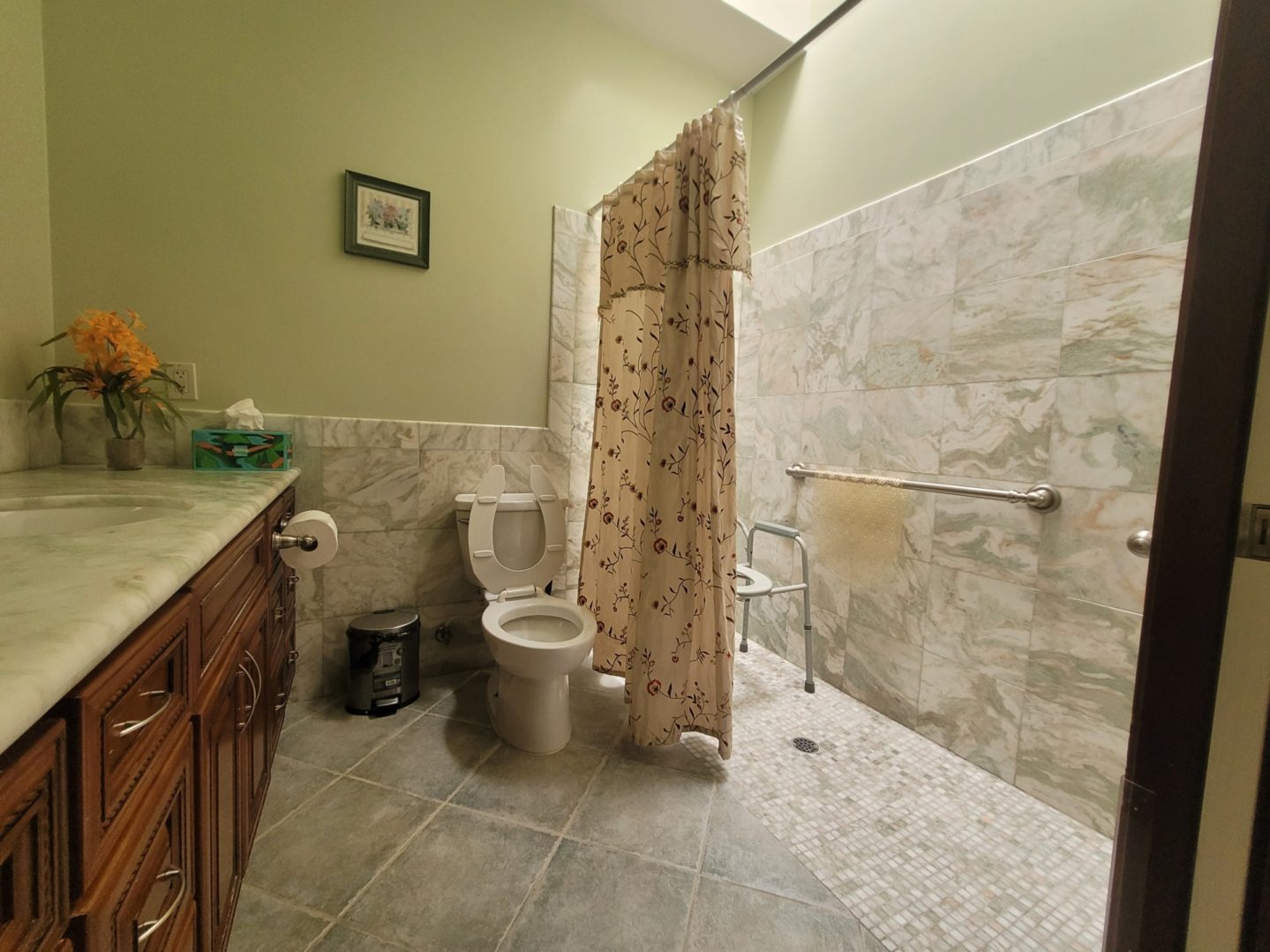 Bathroom with shower, toilet, and vanity area.