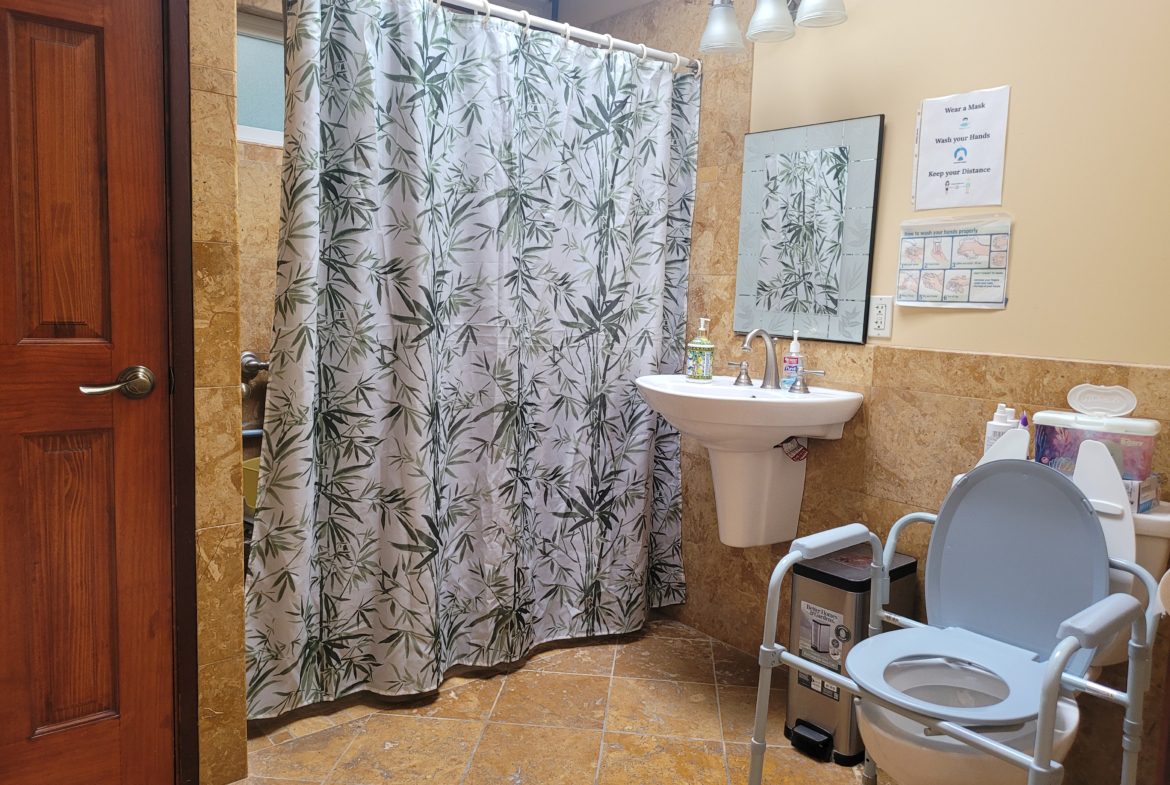Accessible bathroom with shower and toilet chair.
