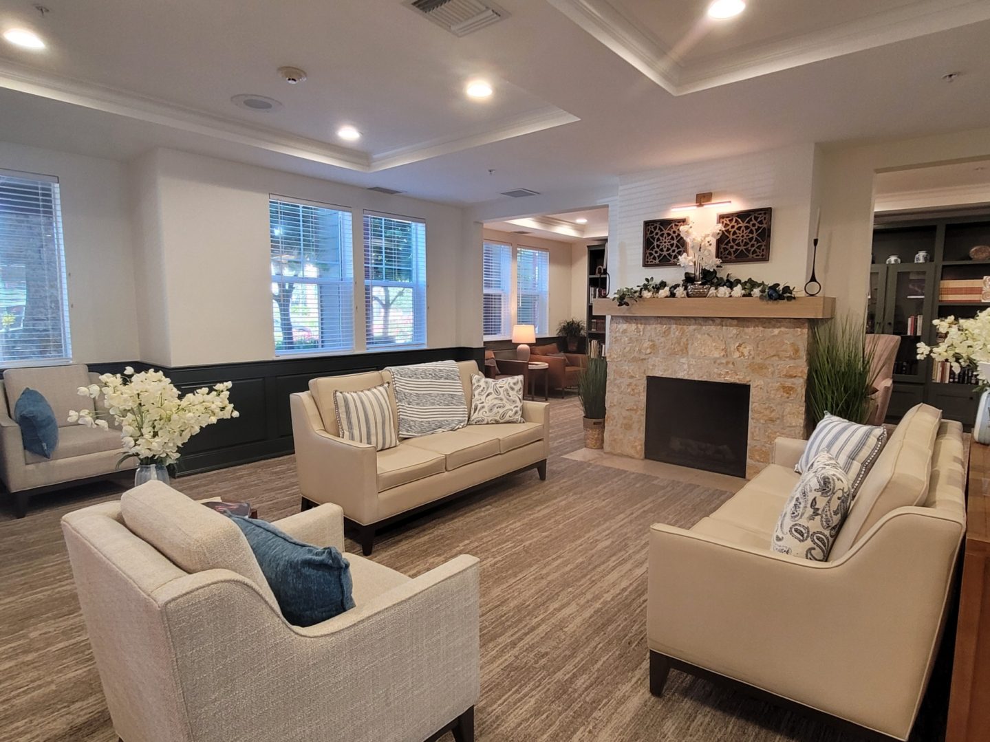 Cozy living room with modern fireplace.
