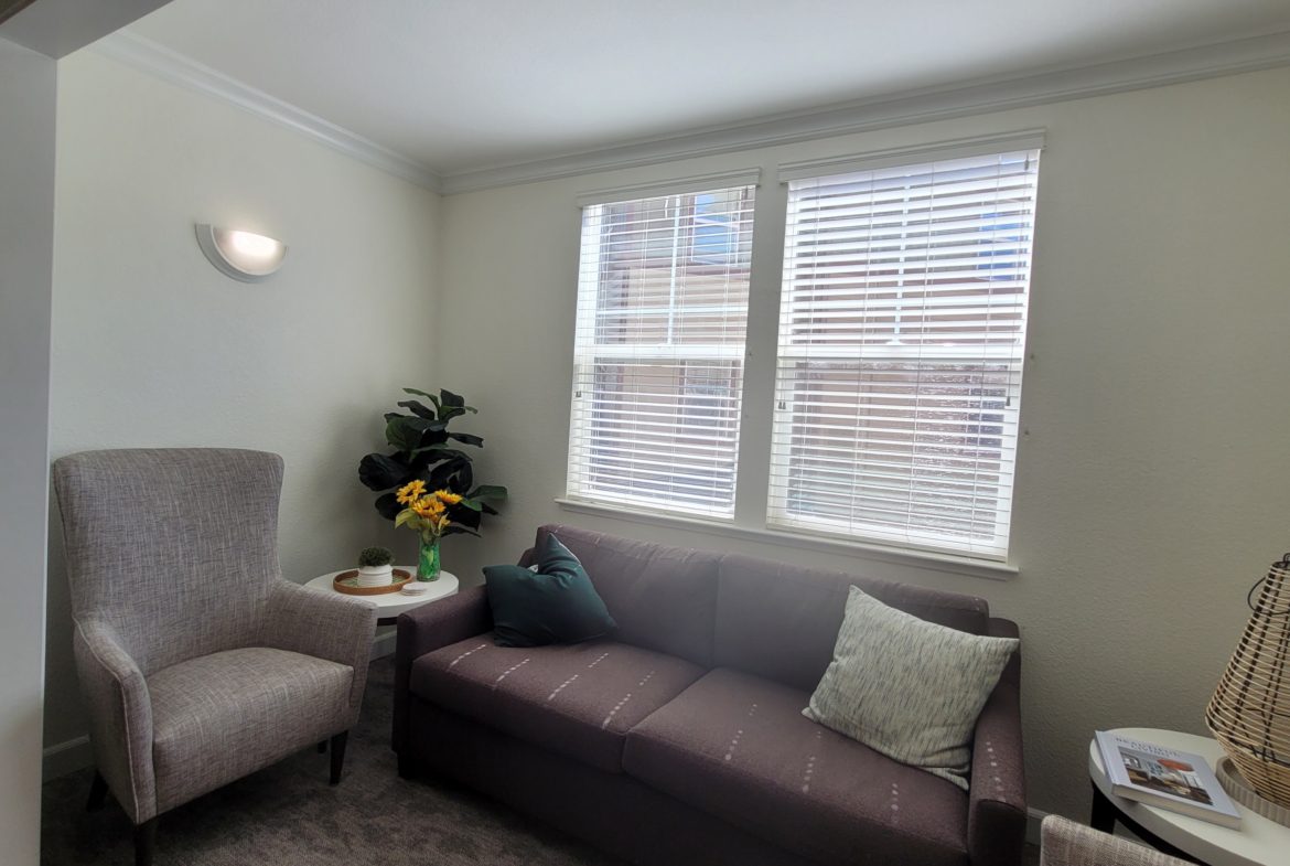 Cozy living room with sofa and chair.