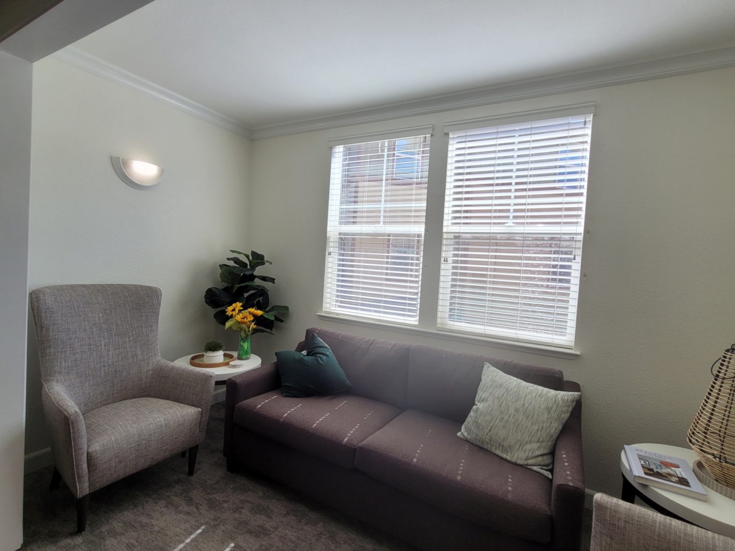 Cozy living room with sofa and chair.