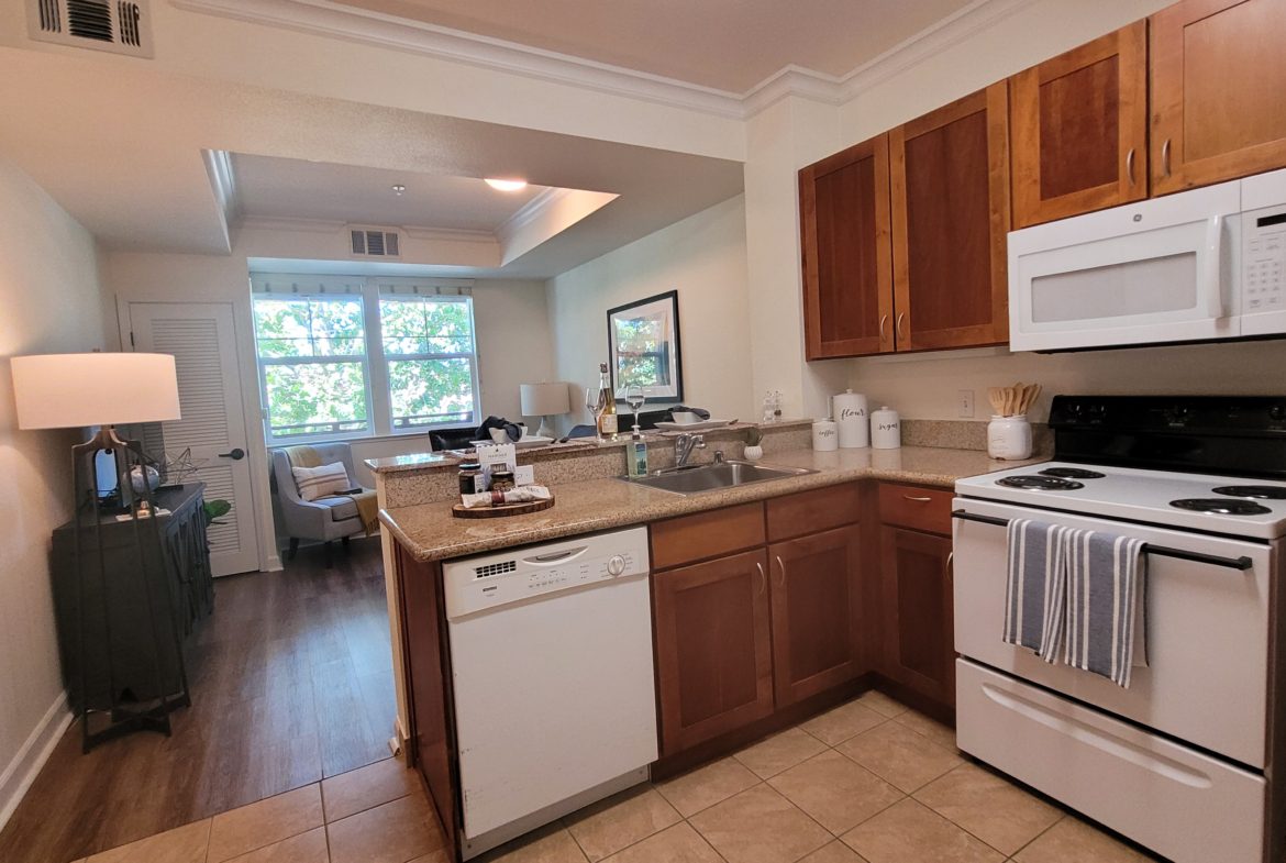 Modern kitchen and living area with appliances.