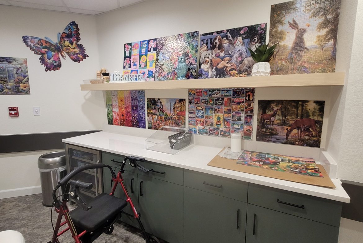 Room with puzzles and a walker.