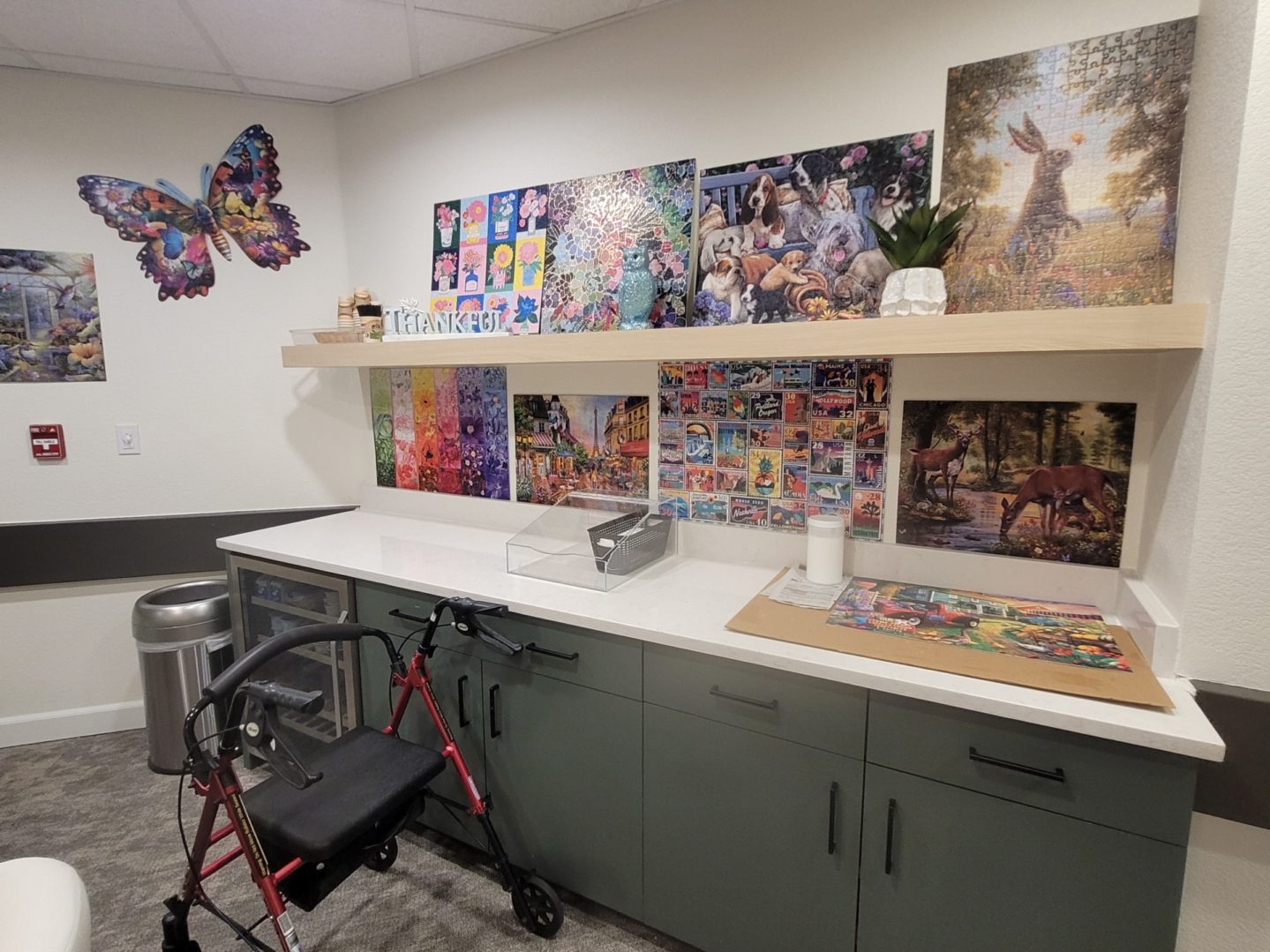 Room with puzzles and a walker.