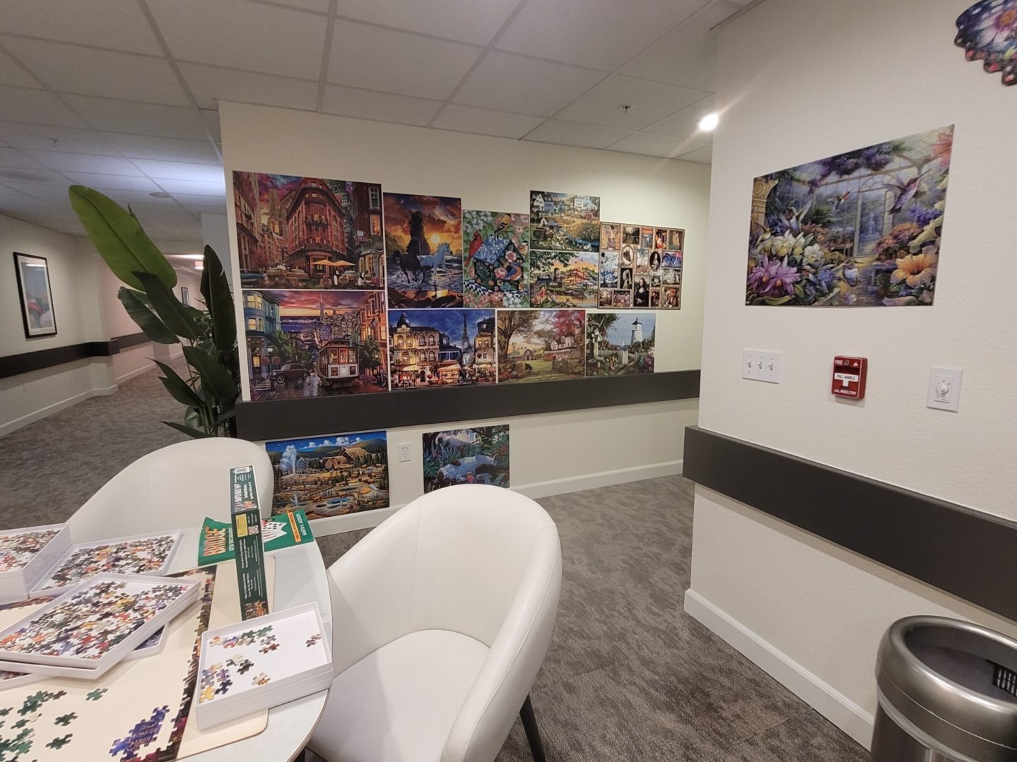 Room with puzzle artwork on walls.