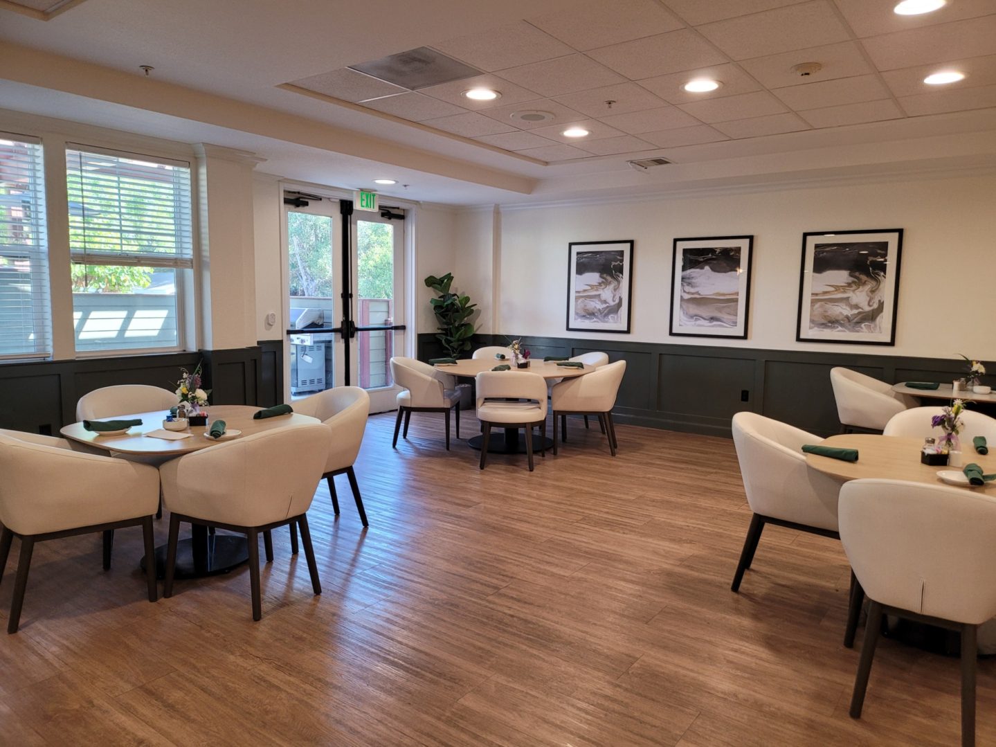 Empty restaurant dining area with elegant decor.