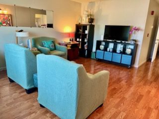 Living room with teal chairs and TV.
