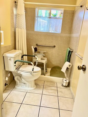 Accessible bathroom with safety bars and shower.