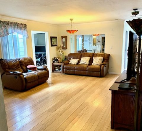 Cozy living room with leather sofas.