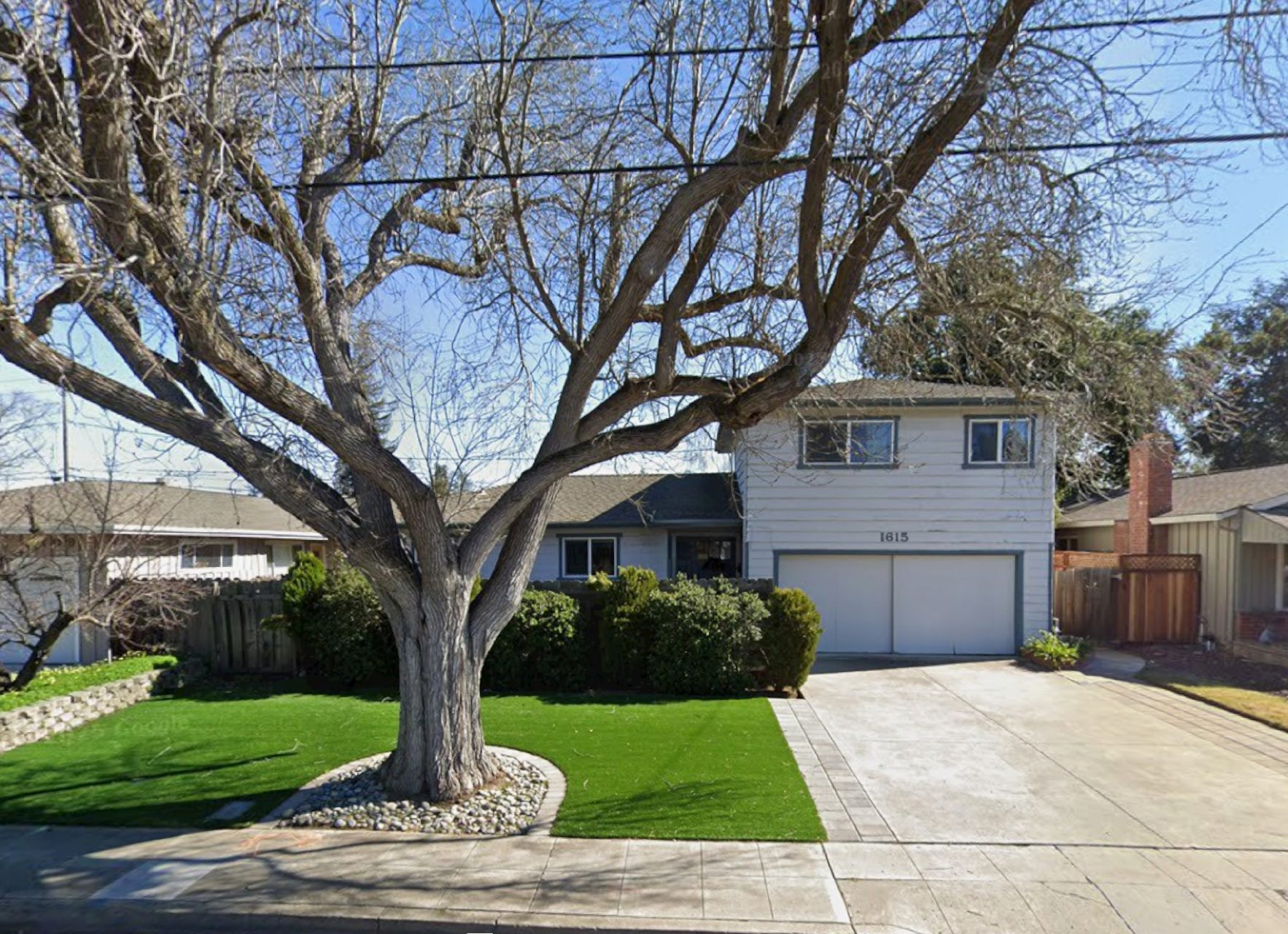 Suburban house with large tree in front.