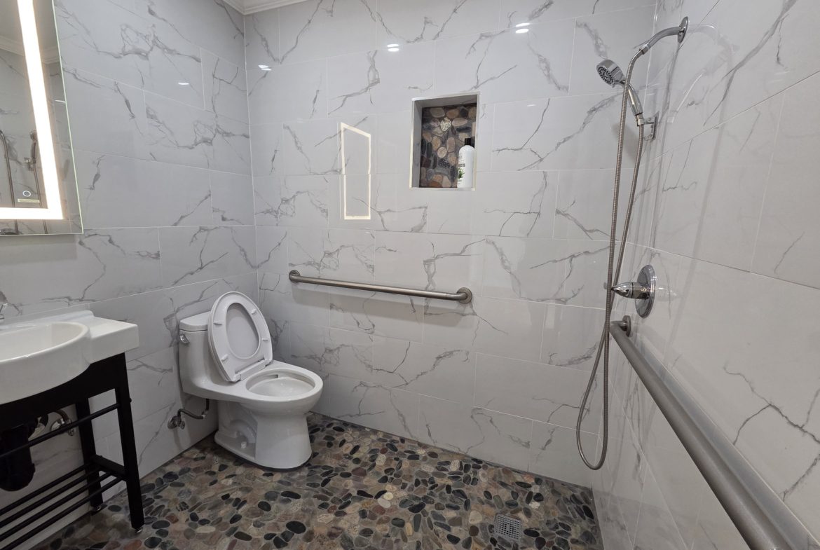 Modern accessible bathroom with shower and toilet.