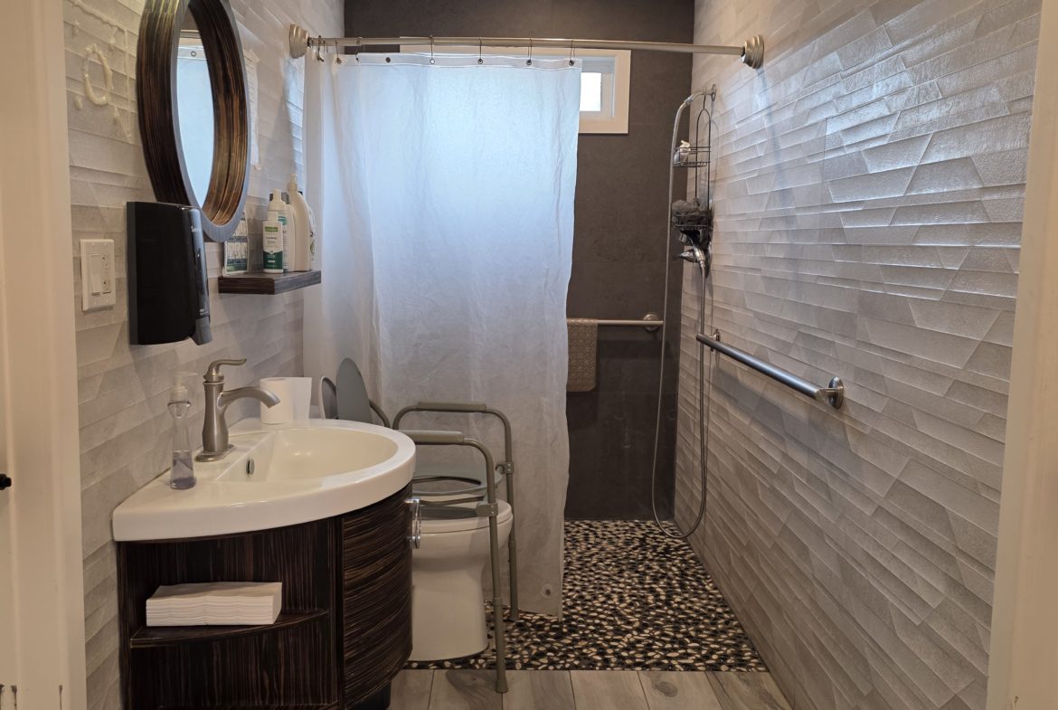 Modern bathroom with shower and vanity.
