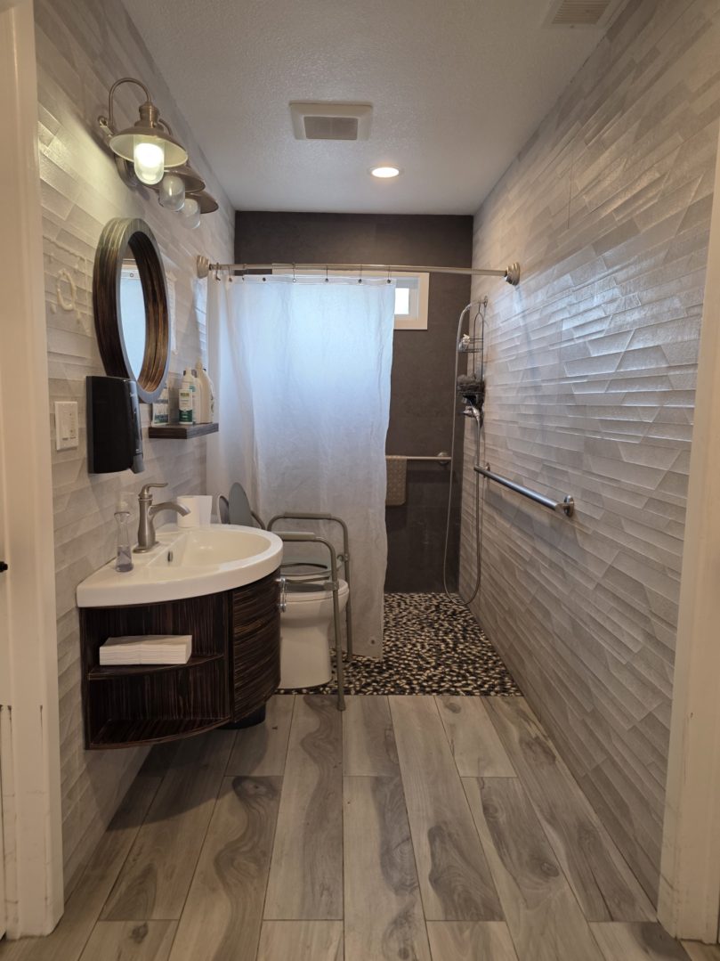 Modern bathroom with shower and vanity.