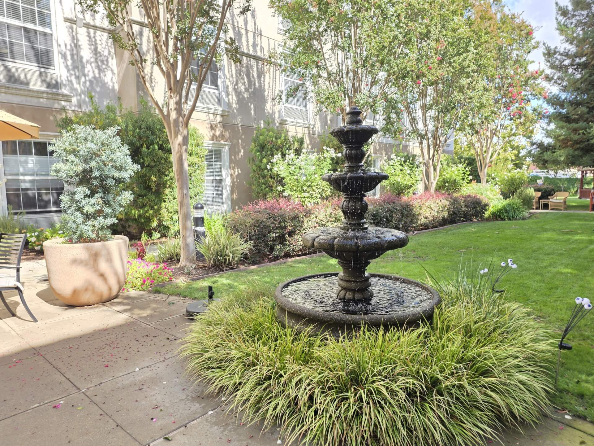 Garden with fountain and surrounding greenery.