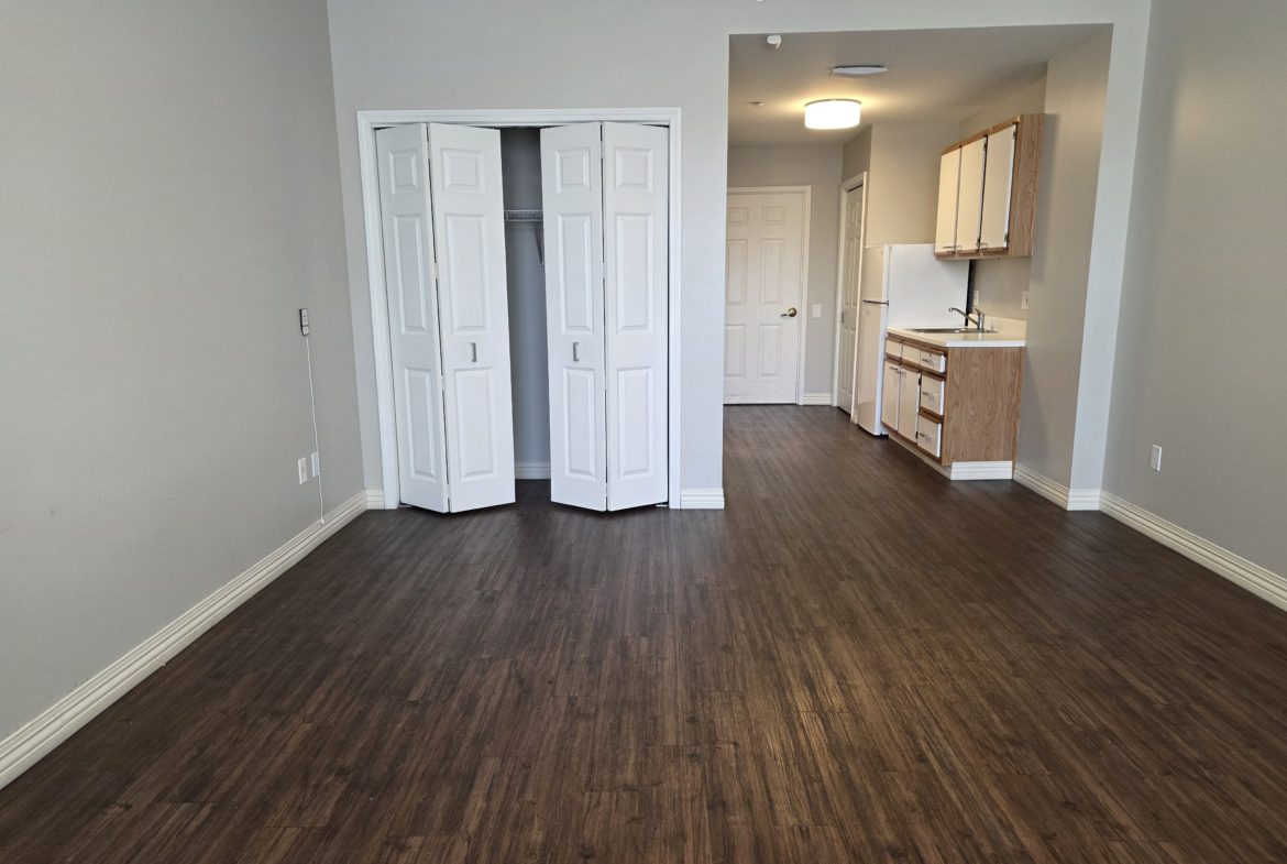 Empty room with wood floor and closet.