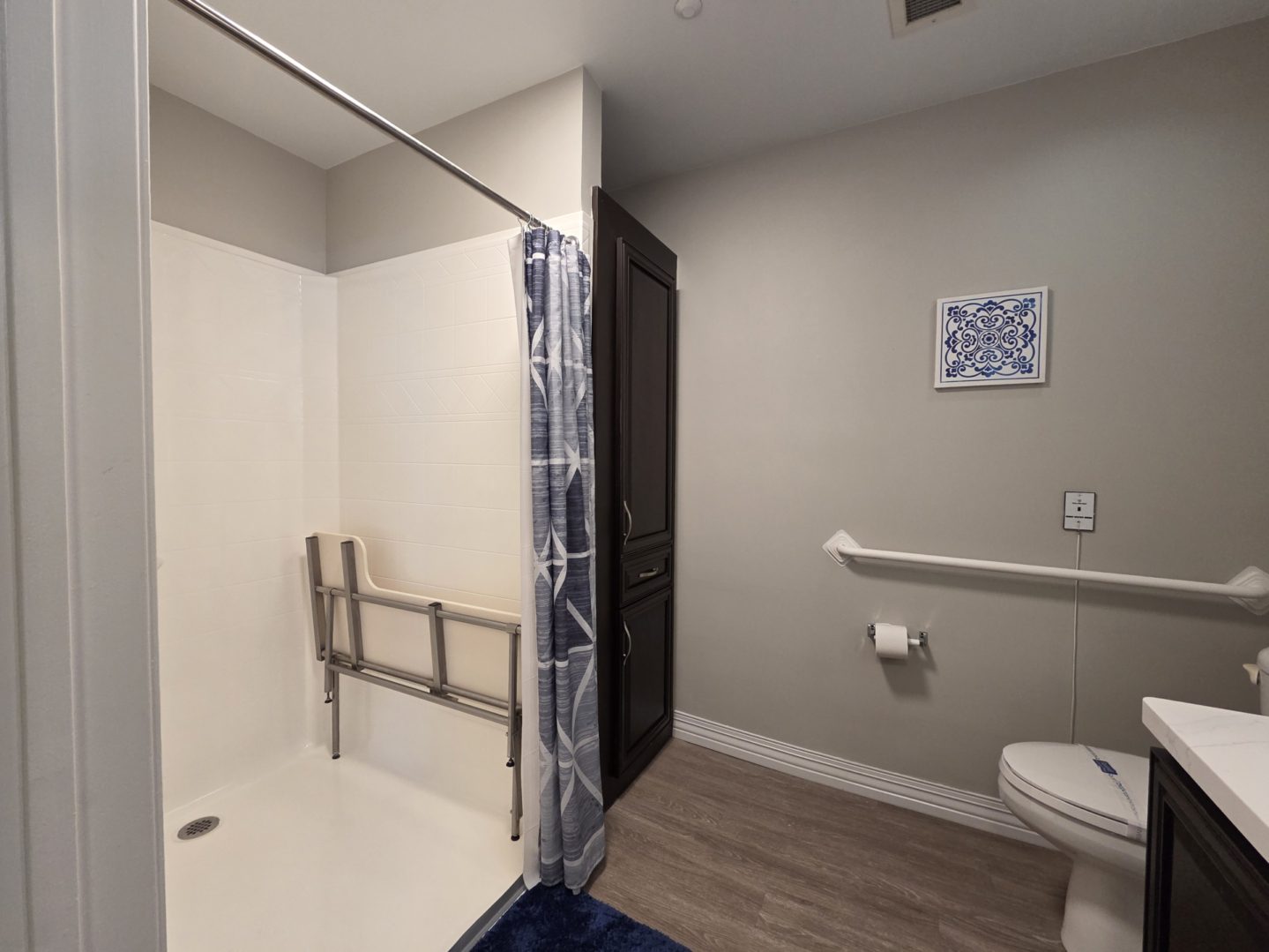 Accessible bathroom with shower and grab bars.