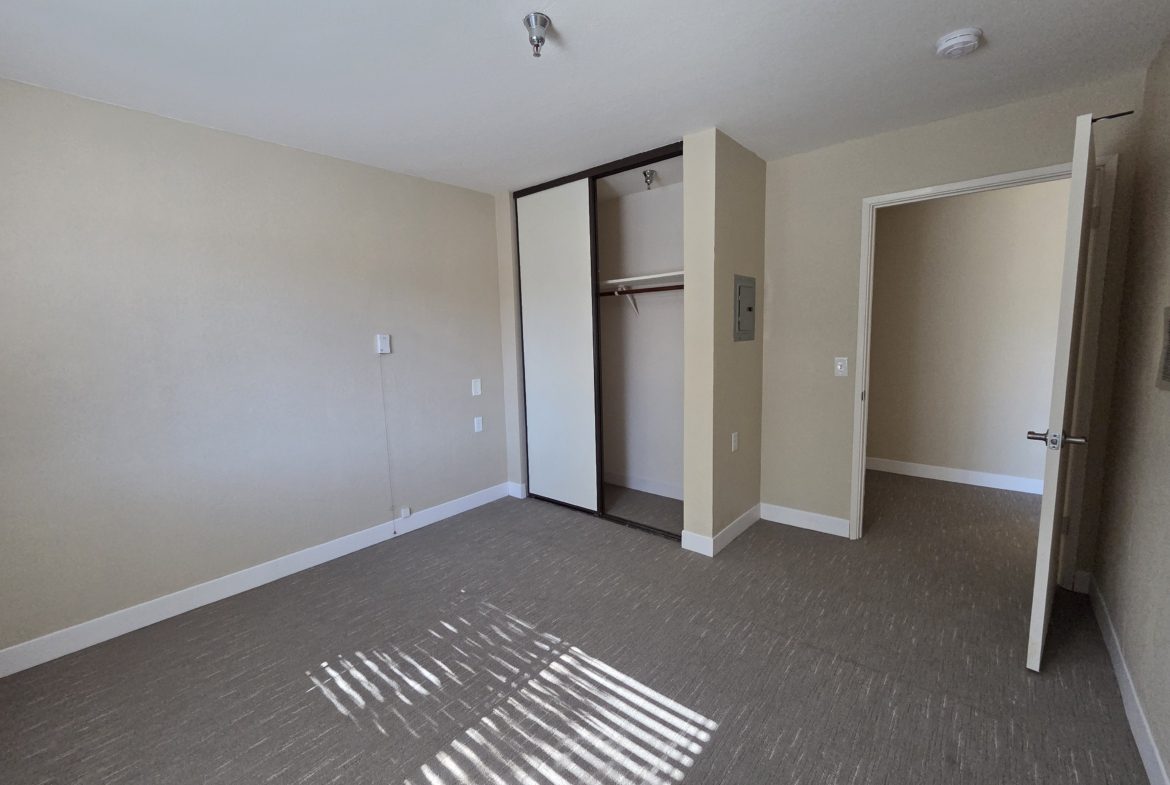 Empty room with open closet and door.
