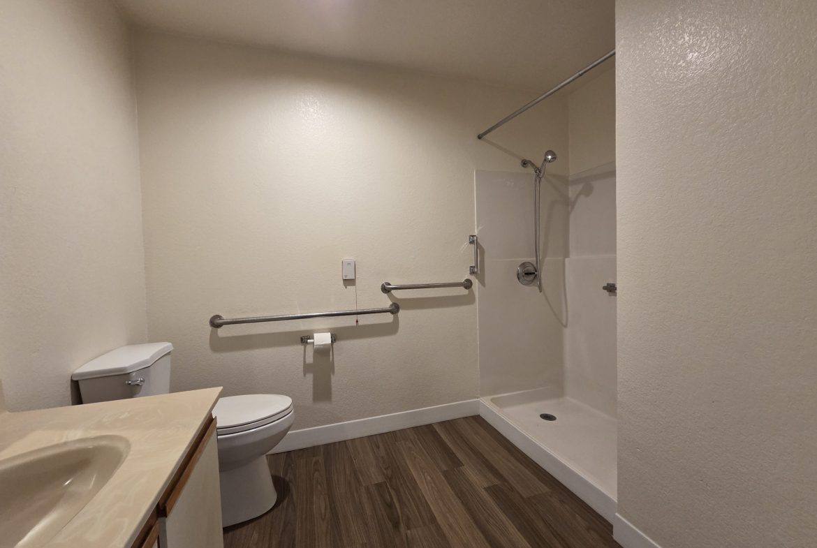 Accessible bathroom with shower and grab bars.