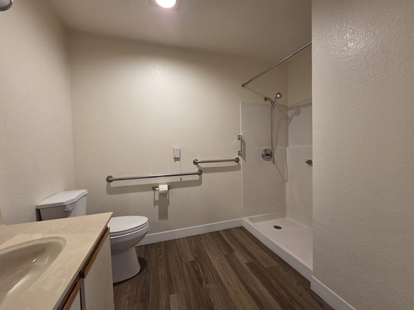 Accessible bathroom with shower and grab bars.