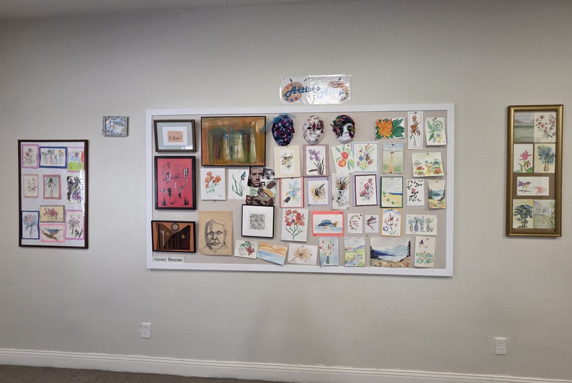 Art display with various paintings and drawings.
