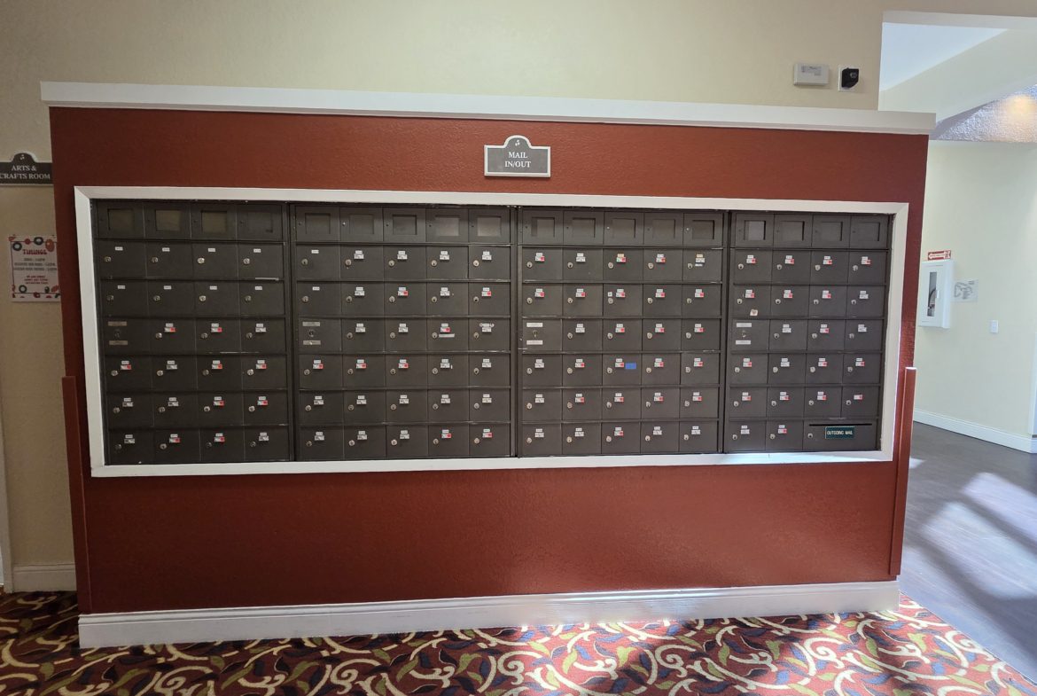Wall of apartment mailboxes with carpeted floor.