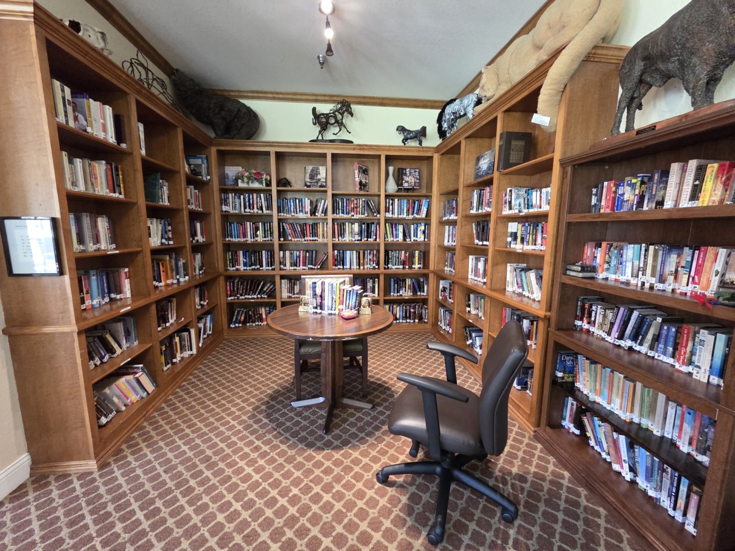 Cozy library corner with bookshelves and chair.