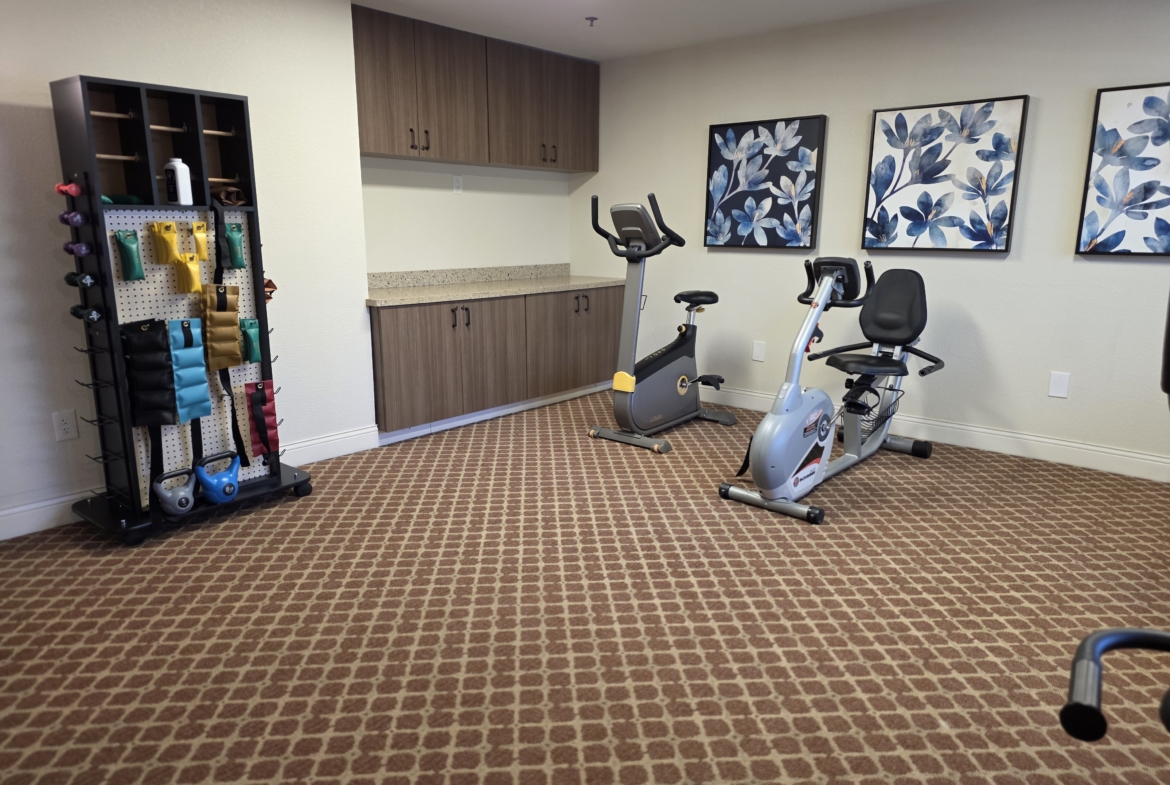 Home gym with exercise bikes and equipment.