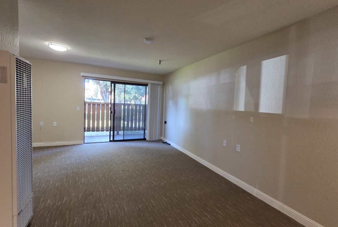 Empty living room with carpet and balcony.