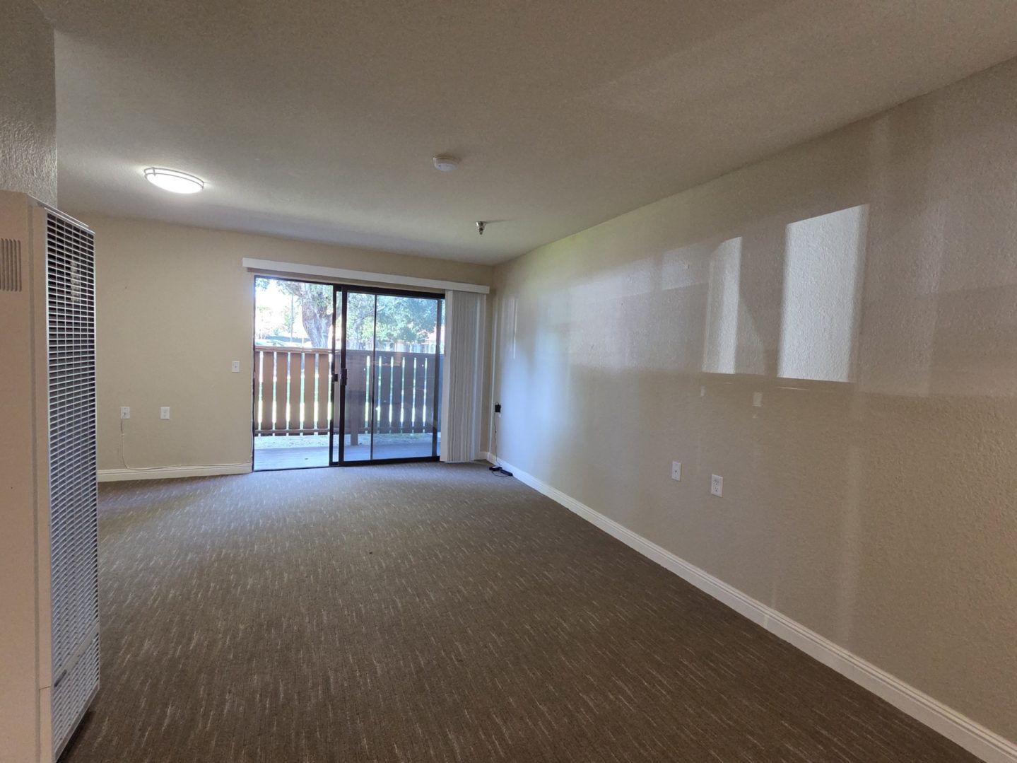 Empty living room with carpet and balcony.