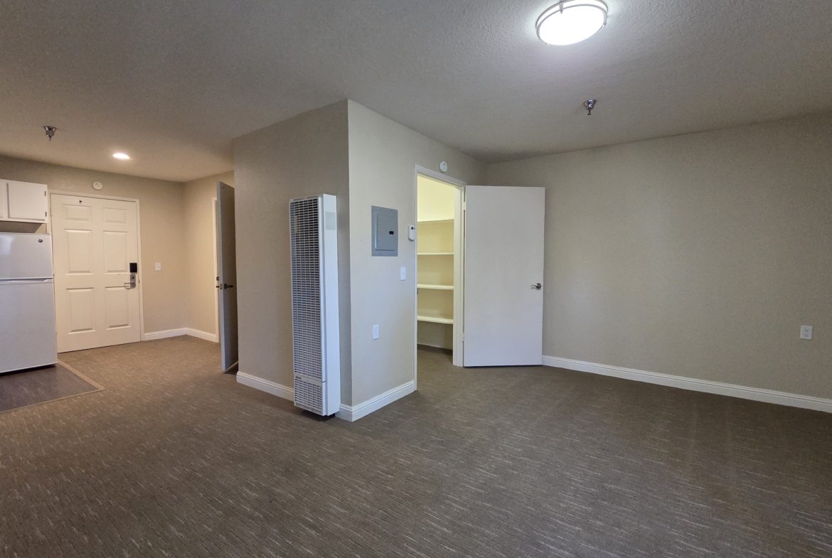 Empty room with open closet and door.